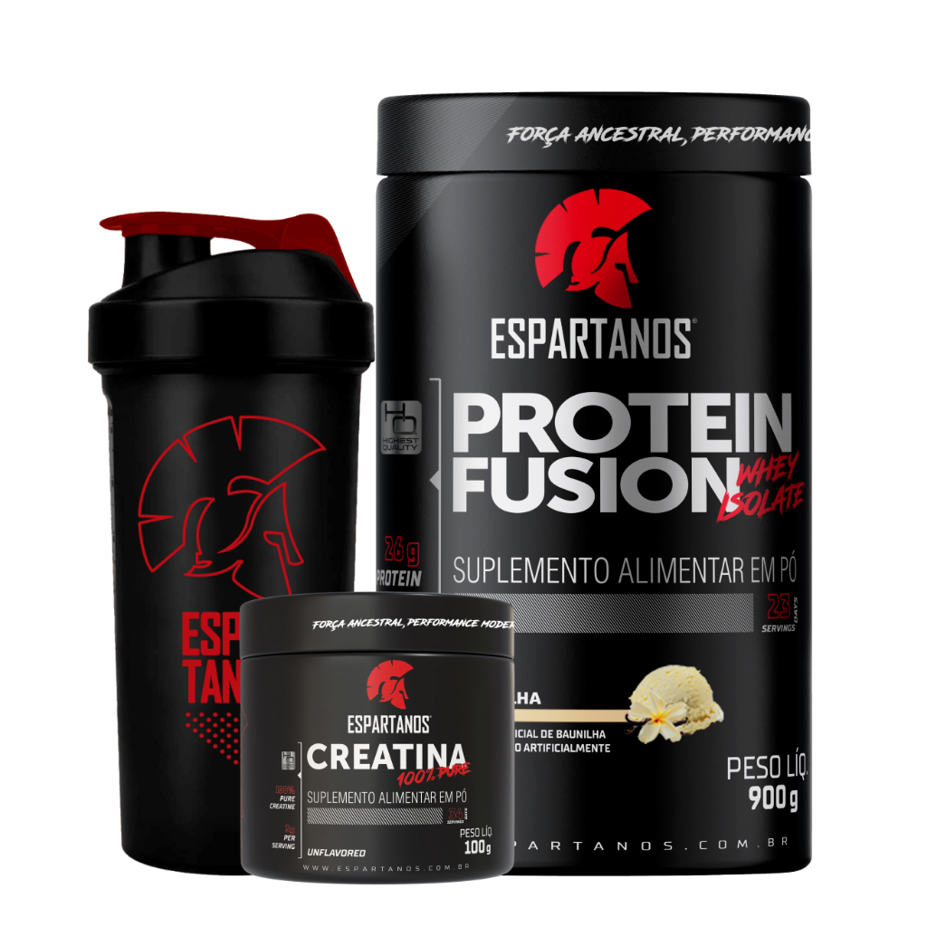 Kit Whey Protein Fusion 900g + Creatina 100g + Coqueteleira - Espartanos em Oferta na Shopee