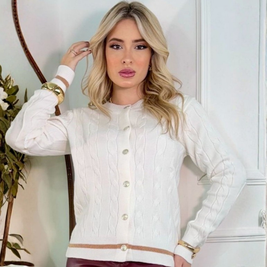 Casaco Feminino Modal Com Botões Inverno Outono Lurex Tricot Tricô Manga Longa Frio Cardigan