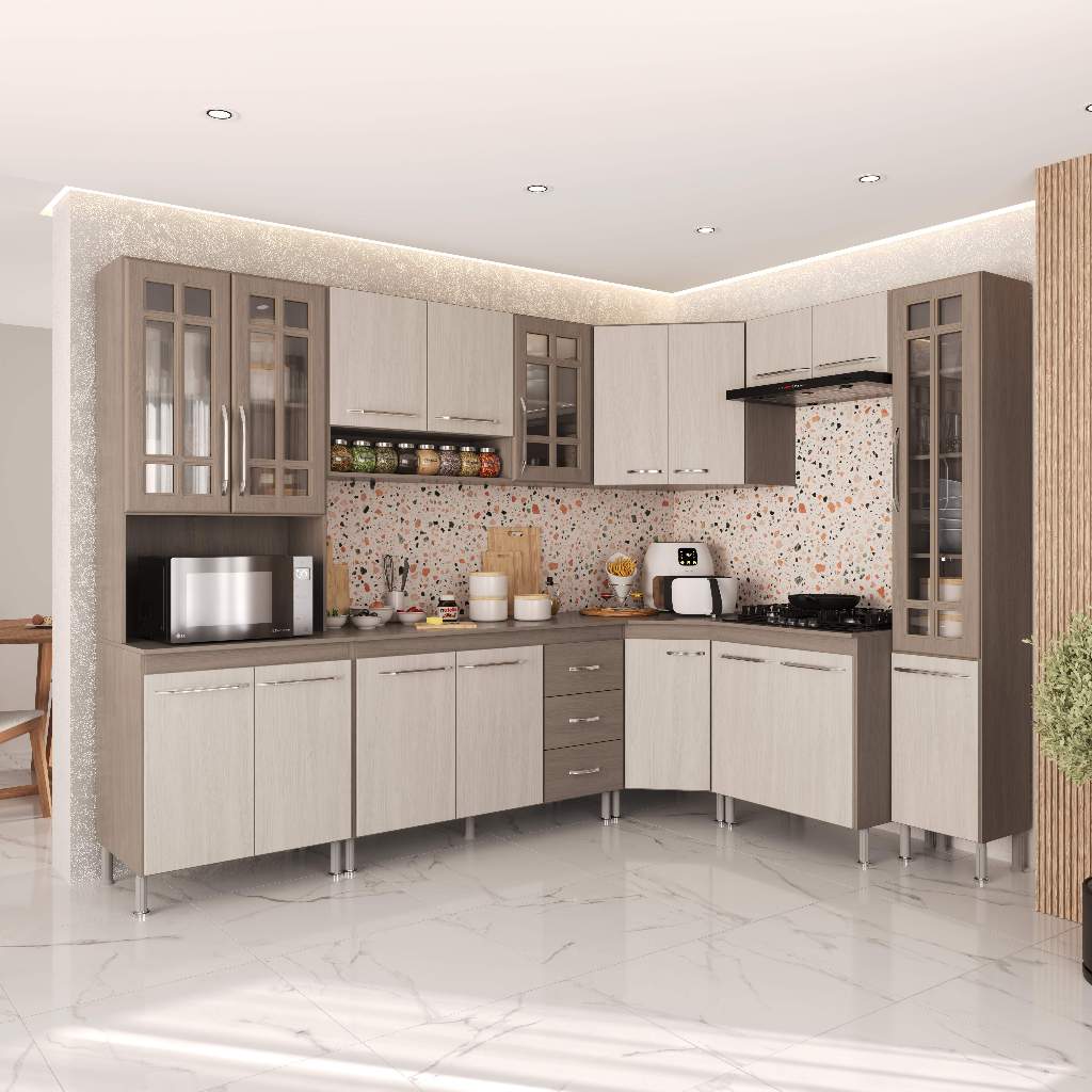 Armário de Cozinha Modulada Completa Fidelitá Paris 8 Peças 445cm 18 Portas 3 Gavetas Com Tampo Nogal/Salinas em Oferta na Shopee