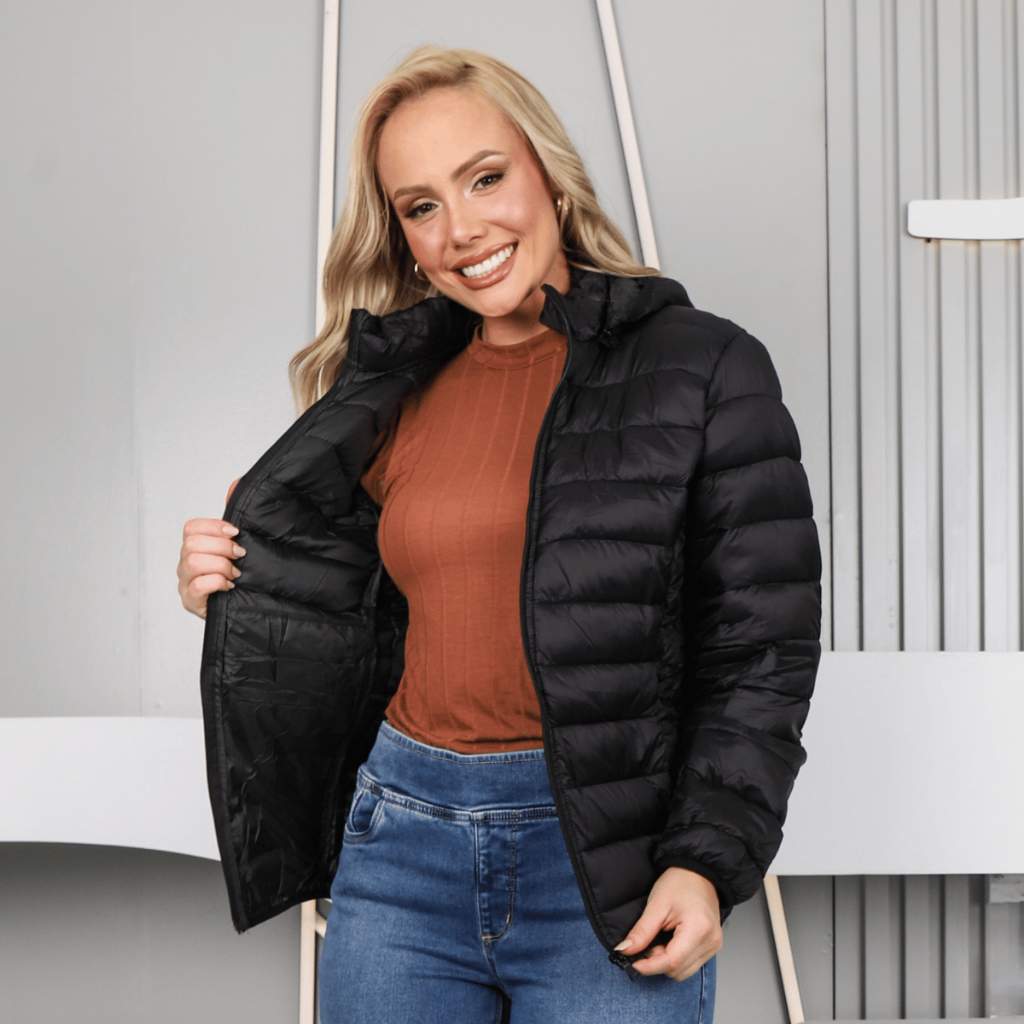 Jaqueta Feminina Bobojaco Puffer Repele Líquido Nylon Capuz Removivel Barra Punho Elástico Tendência