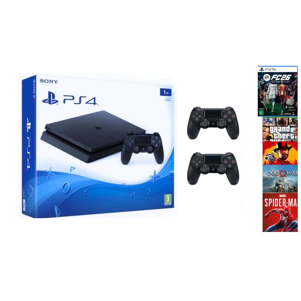 Playstation 4 Ps4 Slim 1tb Dois Controles + Um Jogo Fifa/ Fc 26 / GTA 5/ RED DEAD 2 / SPIDER MAN