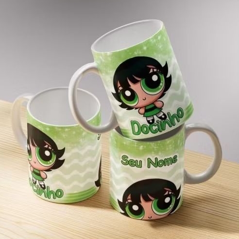 Caneca Das Meninas Super Poderosas Lindinha Docinho e Florzinha De Porcelana Com Estampa Personalizada Com Seu Nome