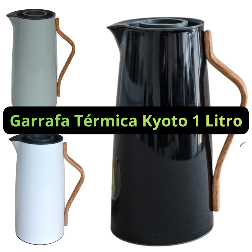 Garrafa Térmica Kyoto 1 Litro,  em bambu, cabo ergonômico, fechamento hermético e bico direcionador