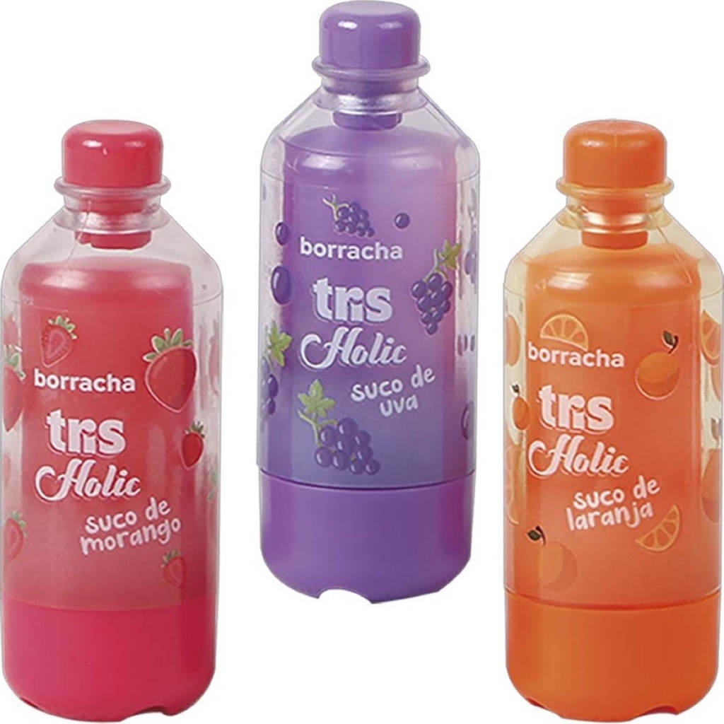 Borracha Escolar Tris Holic Formato Garrafinha de Suco – Morango, Uva e Laranja – Material Escolar Criativo em Oferta na Shopee