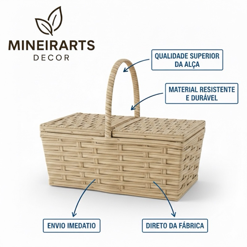 Cesta de Piquenique Artesanal em Fibra sintética Tamanho M 40x25x14 cm em Oferta na Shopee