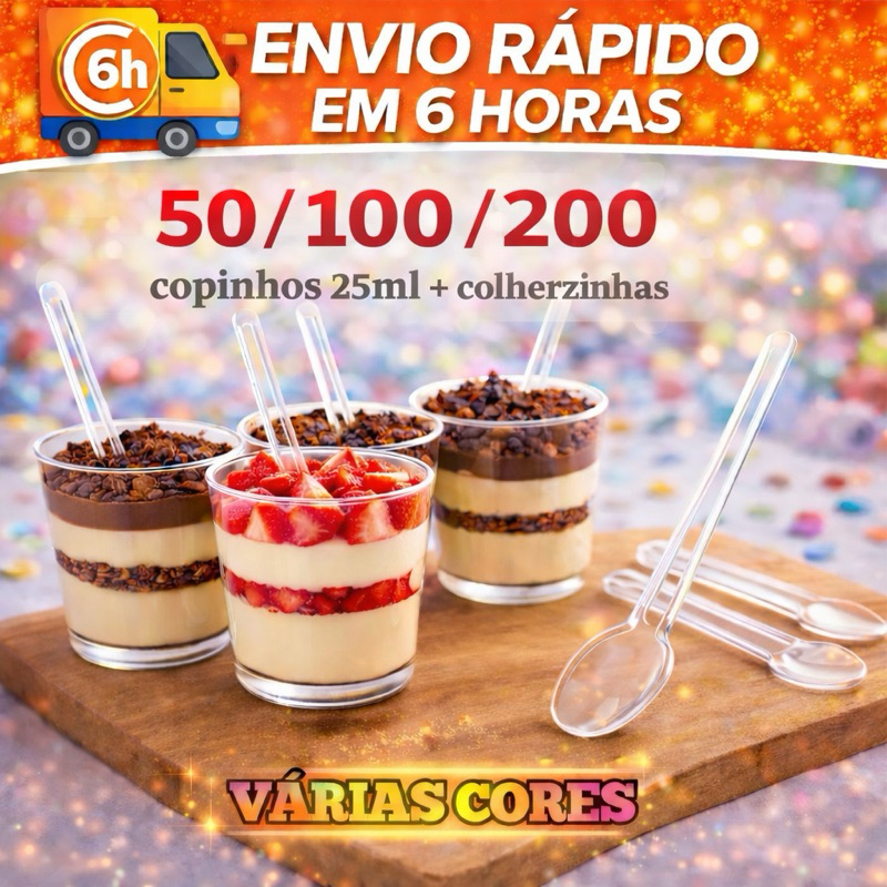 KIT 20/50/100/200 COPINHO 25 ML BRIGADEIRO ACRÍLICO + 100 MINI COLHER em Oferta na Shopee