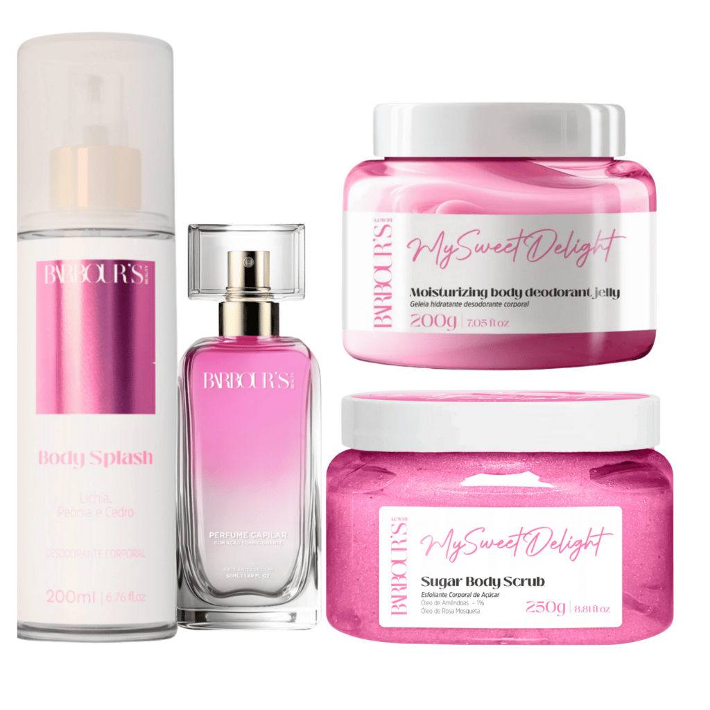 Kit Perfume Capilar Body Splash Esfoliante Geleia Hidratante My Sweet Delight Barbour's Beauty em Oferta na Shopee