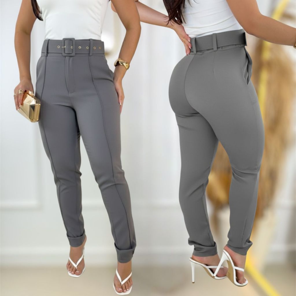 Calça Alfaiataria Feminina Social Com Cinto Casual Elegante Cintura Alta Com Zíper em Oferta na Shopee