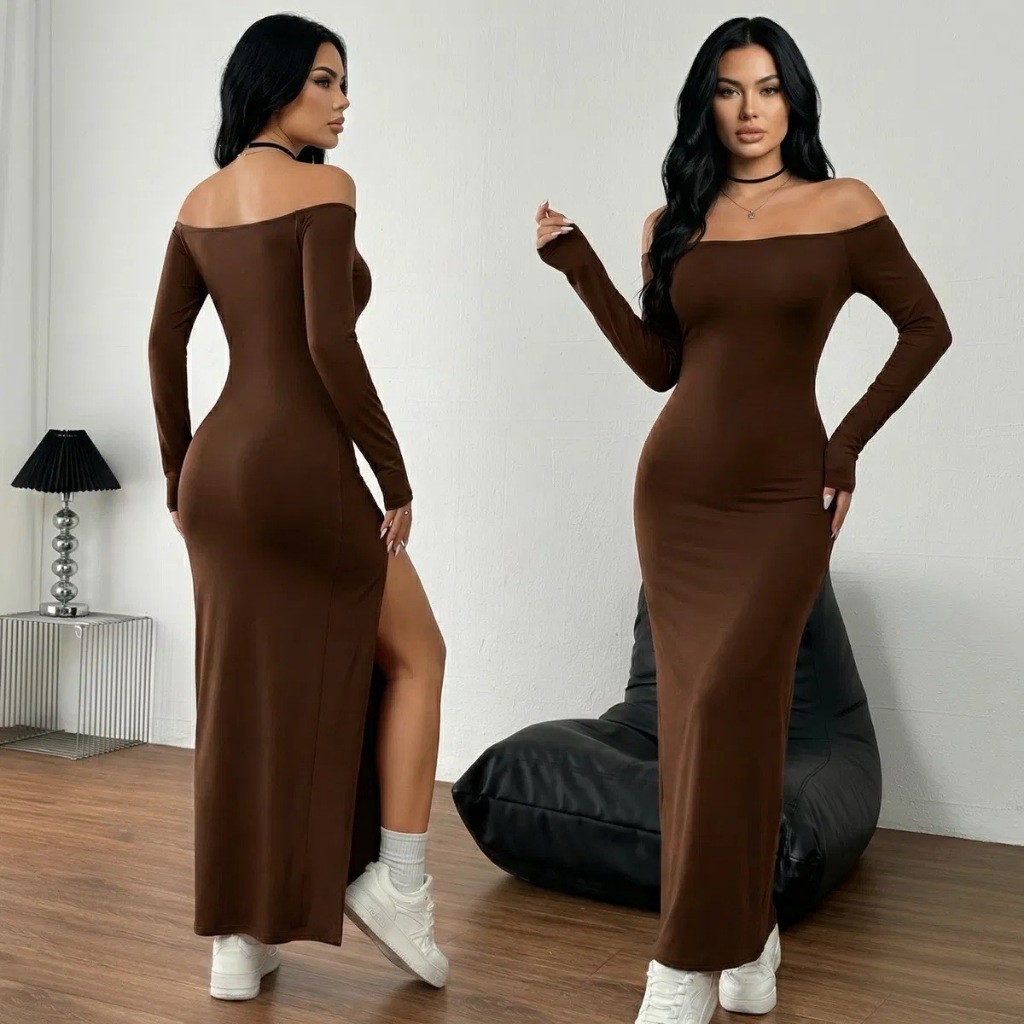 Vestido Feminino Ombro A Ombro Manga Longa Com Fenda Lateral Inverno Festa Ribana Canelada em Oferta na Shopee