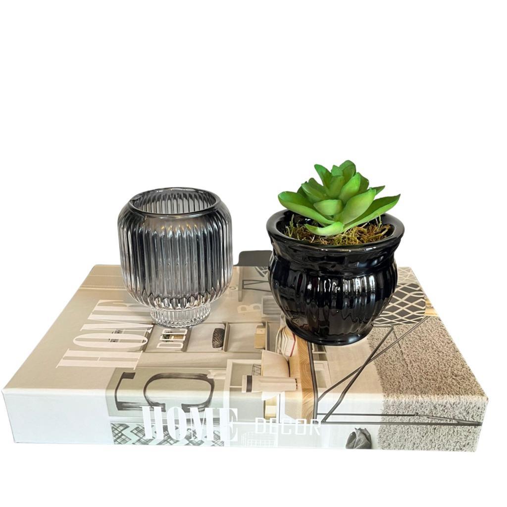 Kit livro home vaso preto castiçal vidro fumê Decorativo Elegante