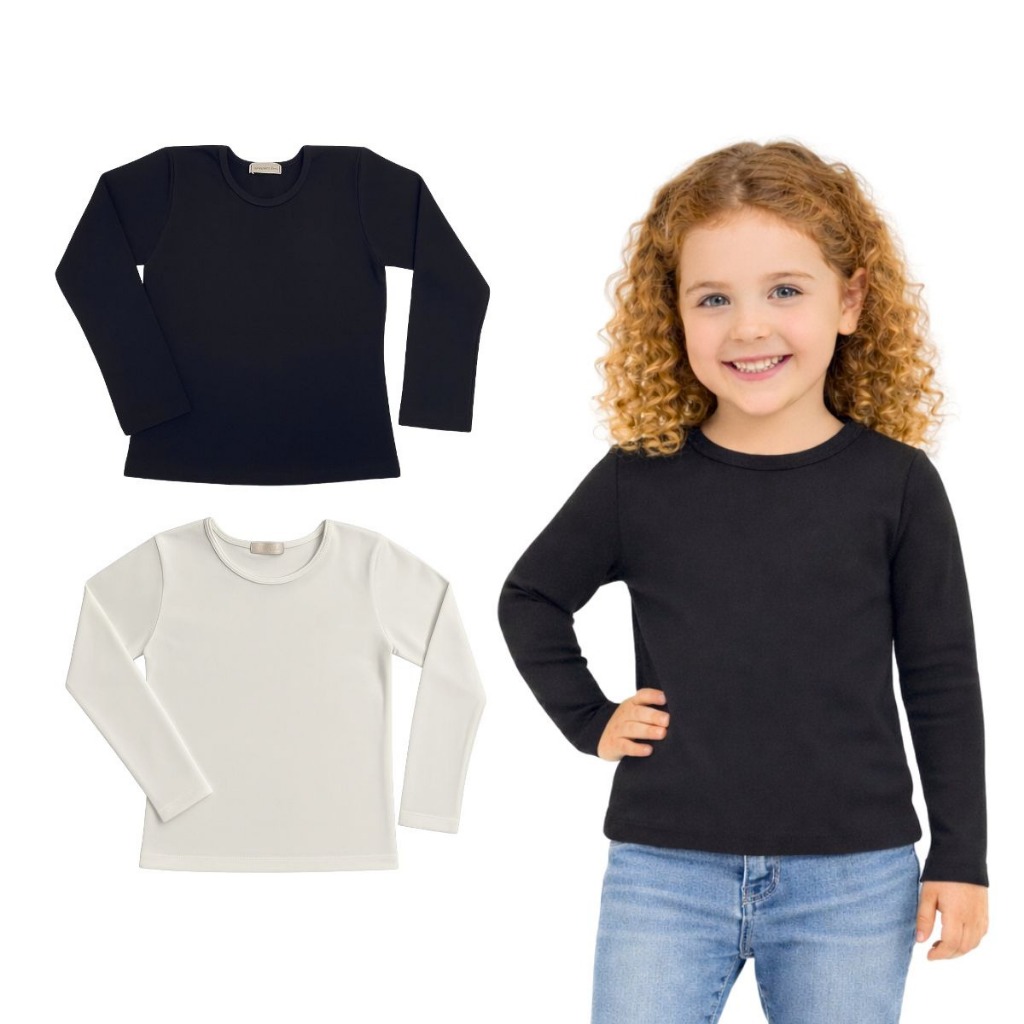 Kit 2 Blusas Manga Longa Infantil Menina Cotton Algodão Penteado Premium Lisa em Oferta na Shopee