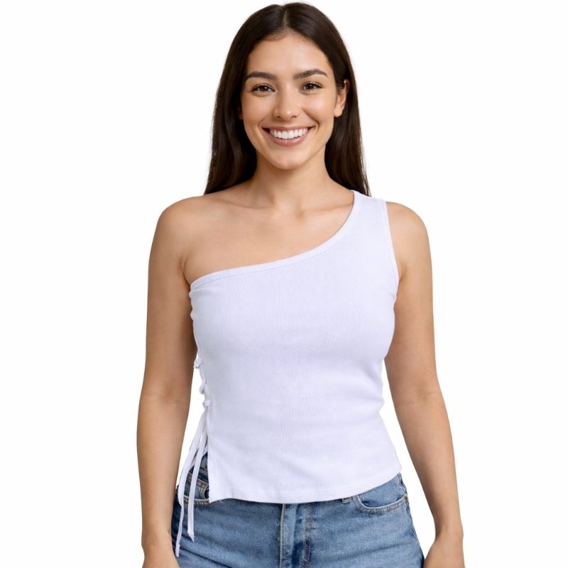 Blusa Feminina Drapeada Assimétrica Ribana Canelada Algodão Mula Manca Color Candy Verão