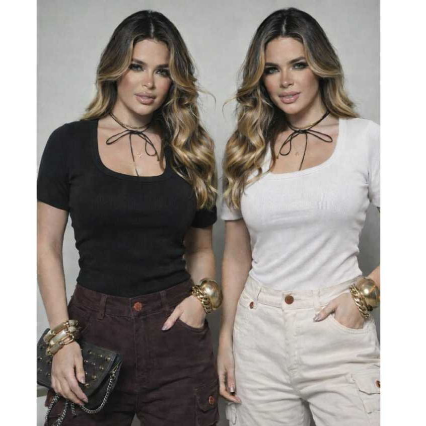 Kit 2 Ribana Canelada Feminina Cropped Manga Curta Gola Quadrada Blusa Básica Casual Moda Verão Confortável Promoçao