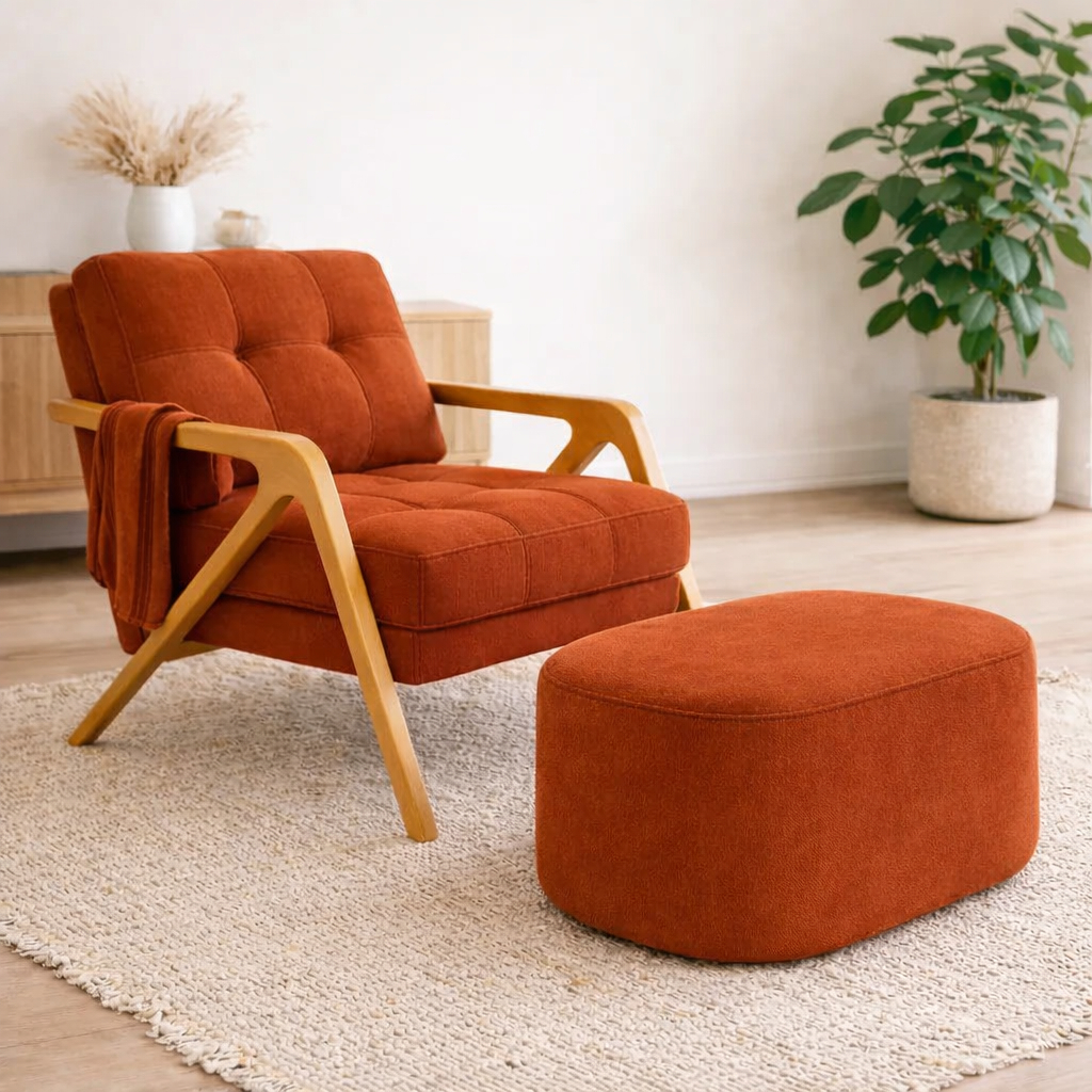 Kit Poltrona Mona Nervurada Mais Puff Orgânico Descanso Pés Conforto Sala de Estar Quarto Terracota Cru Cinza Preto