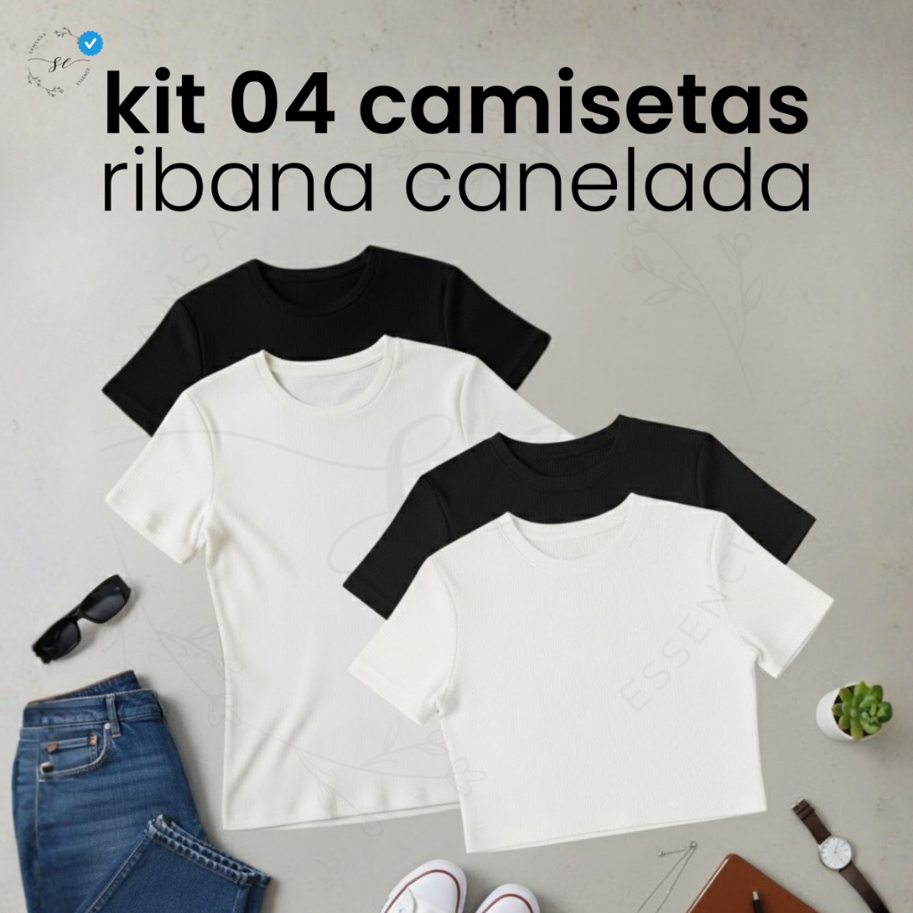 Kit Camiseta Cropped Ribana Canelada Premium Moda Básica Elegante Manga Curta Confortável
