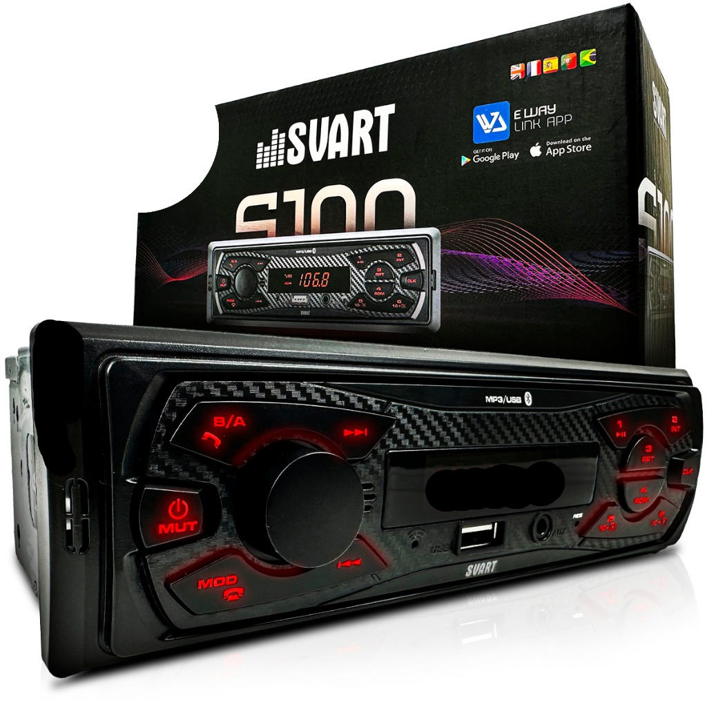 Rádio Som Automotivo MP3 Bluetooth USB Display Led Vermelho 1 Din Svart Tech One