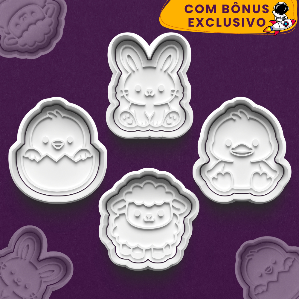 Kit Cortadores de Biscoito Animais Fofos Páscoa Coelho Pintinho Pato Ovelha + Ebook Receitas - 3DV