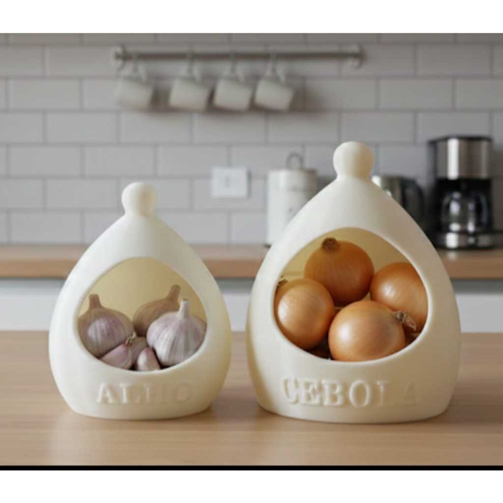 Kit Porta Cebola E Alho Plástico Cor Off White 3d -promoção Off White