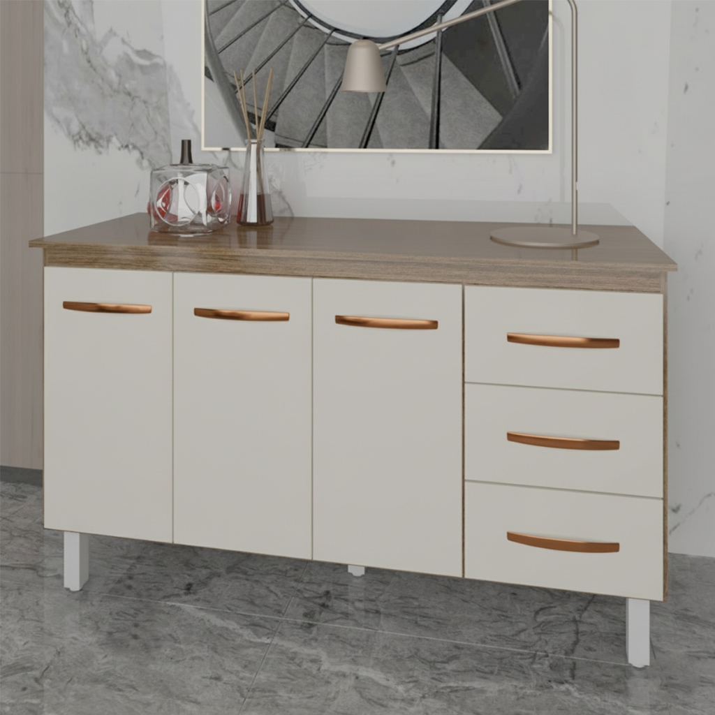 Balcão Gabinete Armário Cozinha Carine Savana Off White com Tampo Tampão 140 cm Mobília Decor Savana