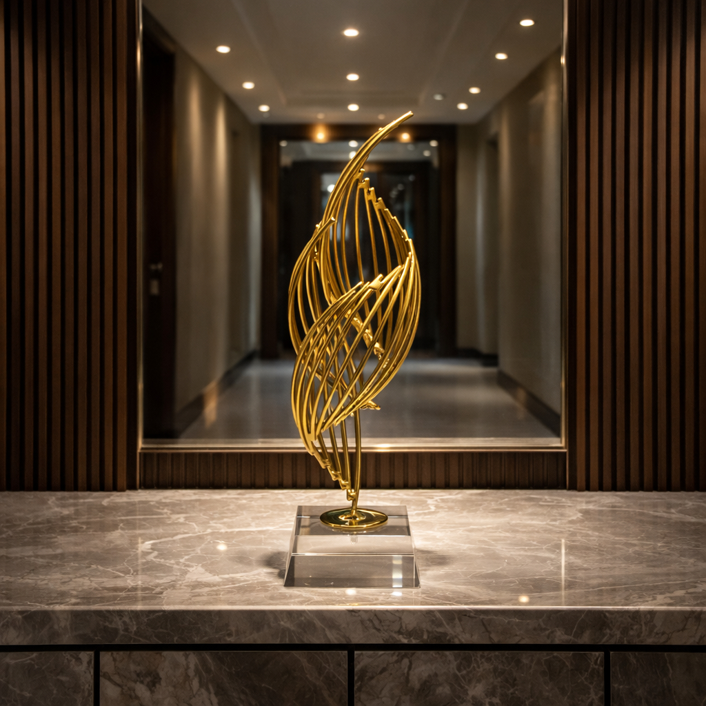 Escultura Decorativa Chama Infinita em Metal Dourado com Base Cristal Arte Moderna e Sofisticada em Oferta na Shopee