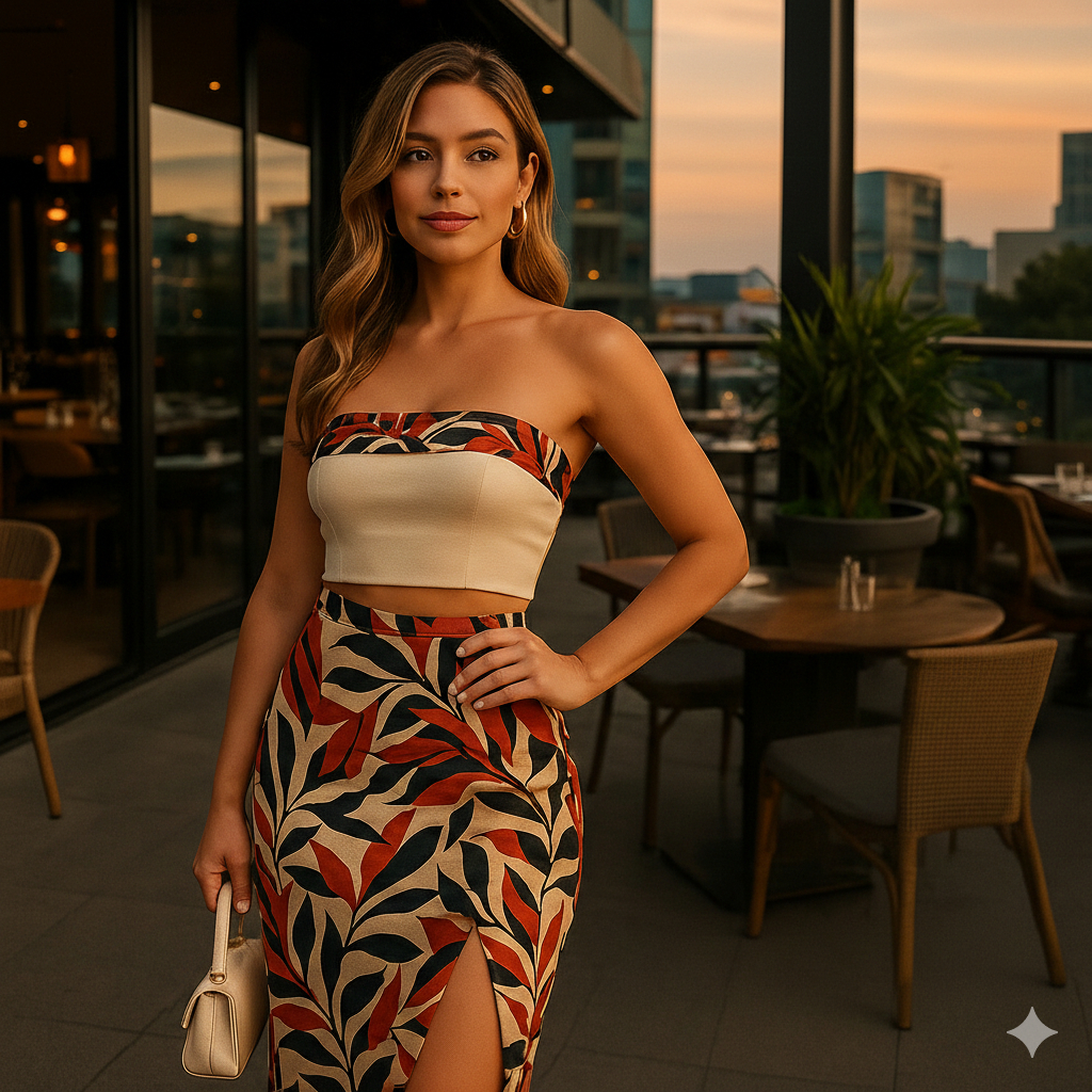 Conjunto Feminino Saia Midi Com Fenda + Cropped Tomara Que Caia Tendência Do Momento