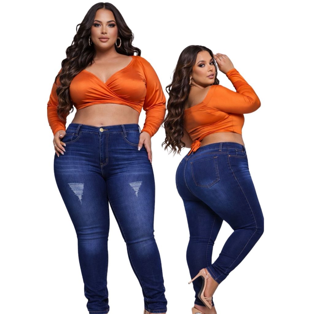 Calça  PLUS SIZE Jeans Feminina  Cintura Alta Skinny Levanta Bumbum Confortável 44 AO 54 em Oferta na Shopee
