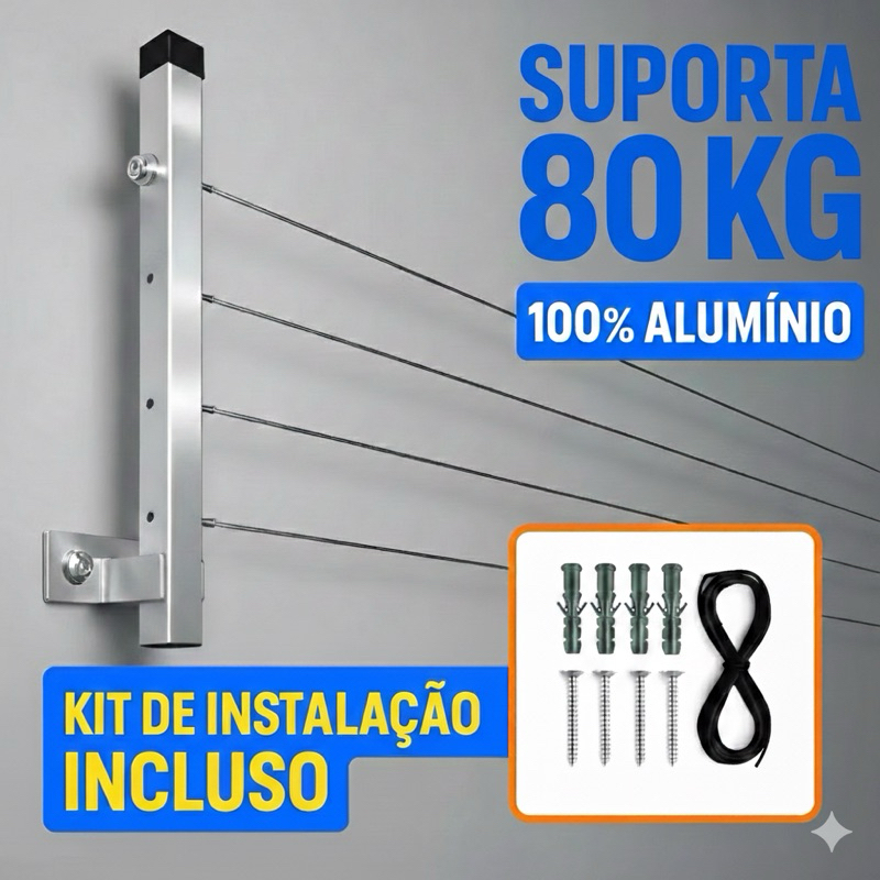 Varal Reforçado De Parede Dobrável 100% Aluminio Articulado Premium 80KG + KIT INSTALAÇÃO em Oferta na Shopee