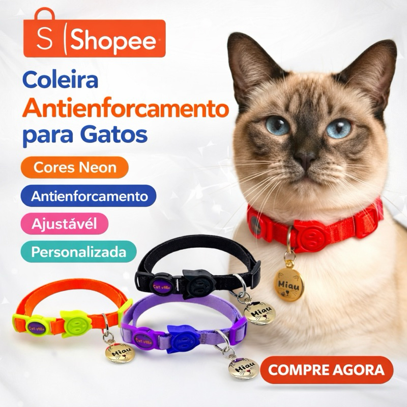 Coleira para Gato Personalizada com Nome e Telefone Antienforcamento Ajustável Neon