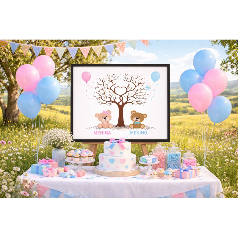 Quadro Chá Revelação Menino E Menina Árvore Ursinho Personalizado 20x30cm