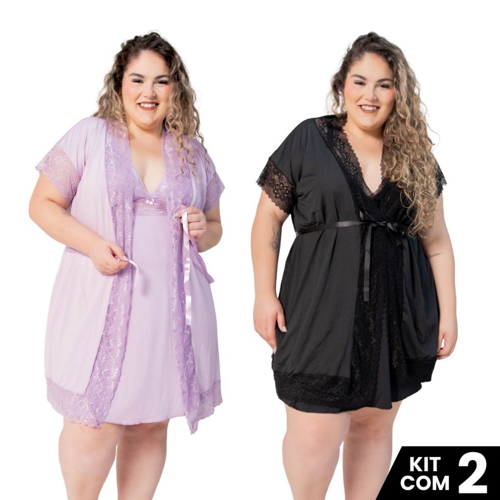 Kit Maternidade 2 Robes e 2 Camisolas Pós Parto Amamentação Romantic Plus Size Confortável Com Renda