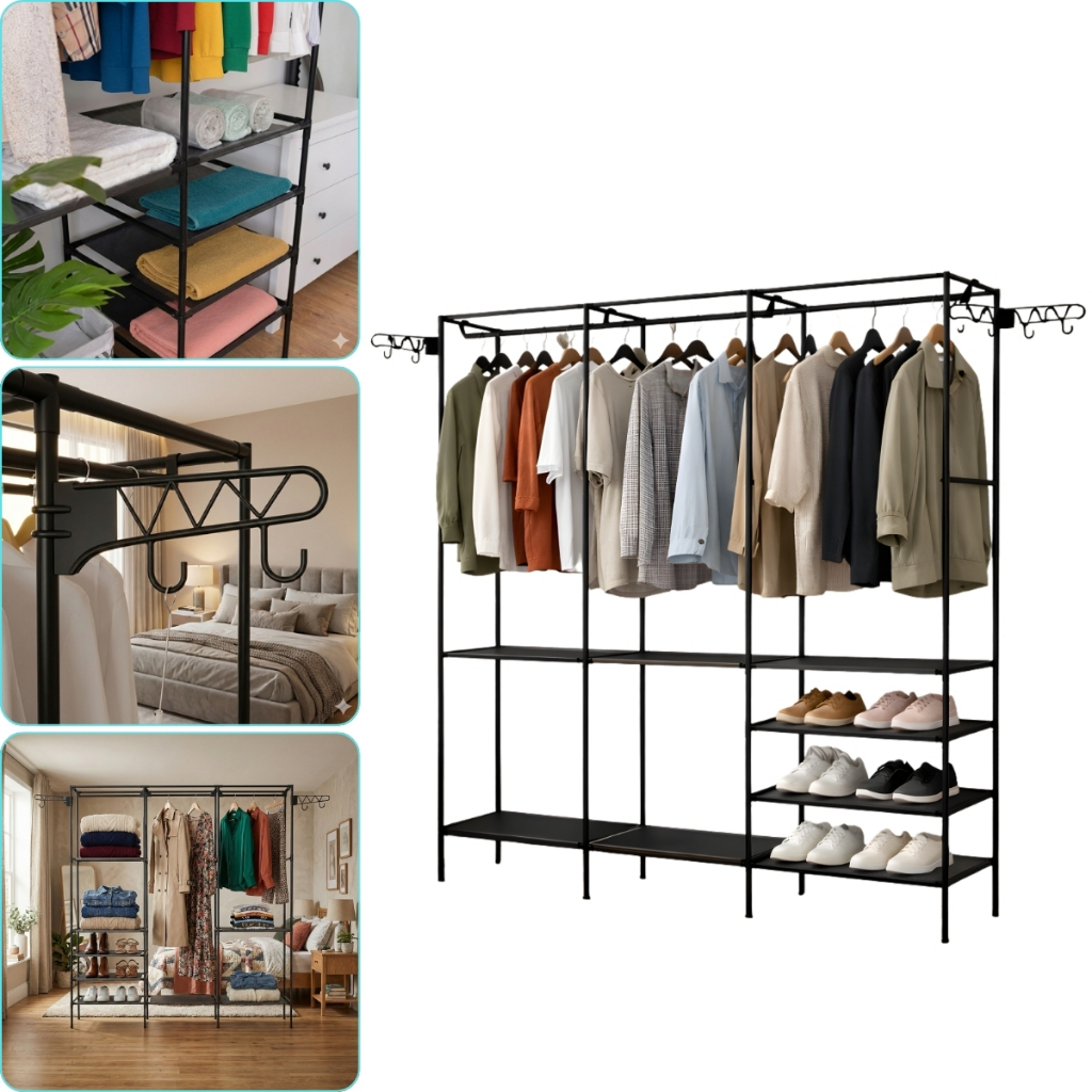 Organizador de Roupas Guarda-Roupa Aberto Com 3 Colunas 4 Gachos Arara Tripla Sapato Cabide Roupeiro Sapateiro Cabideiro