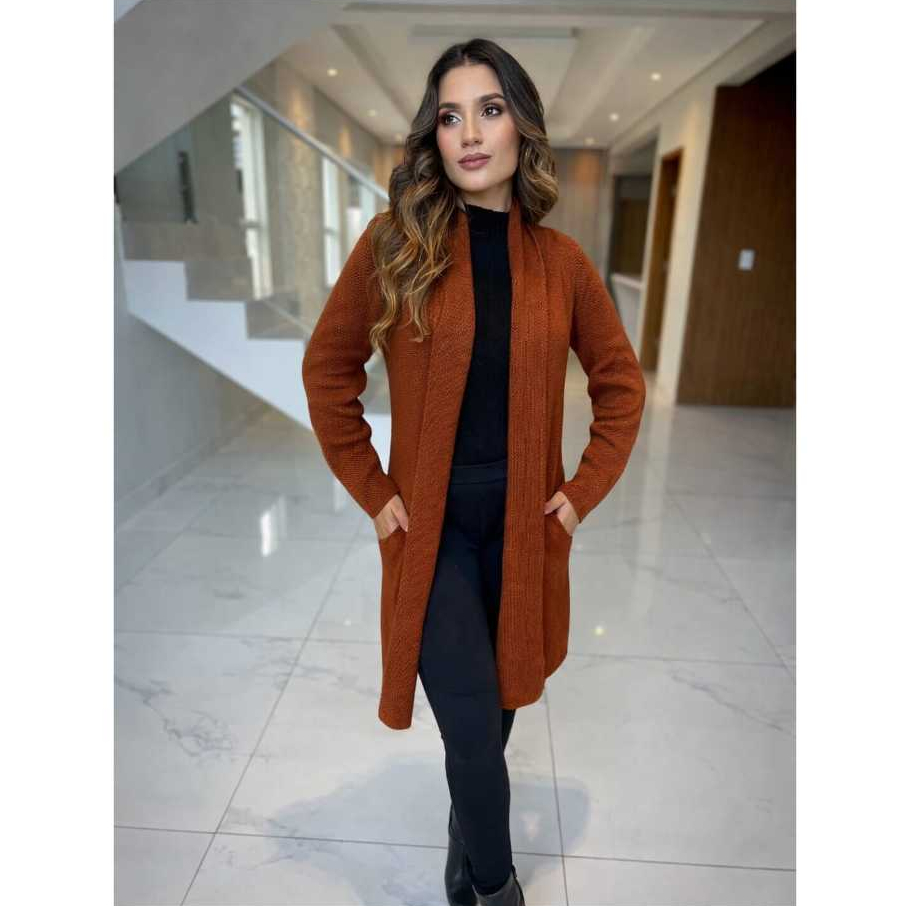 Casaco Sobretudo Cadigan Feminino Longo Tricot Com Bolso Elegante  Confortável Atemporal