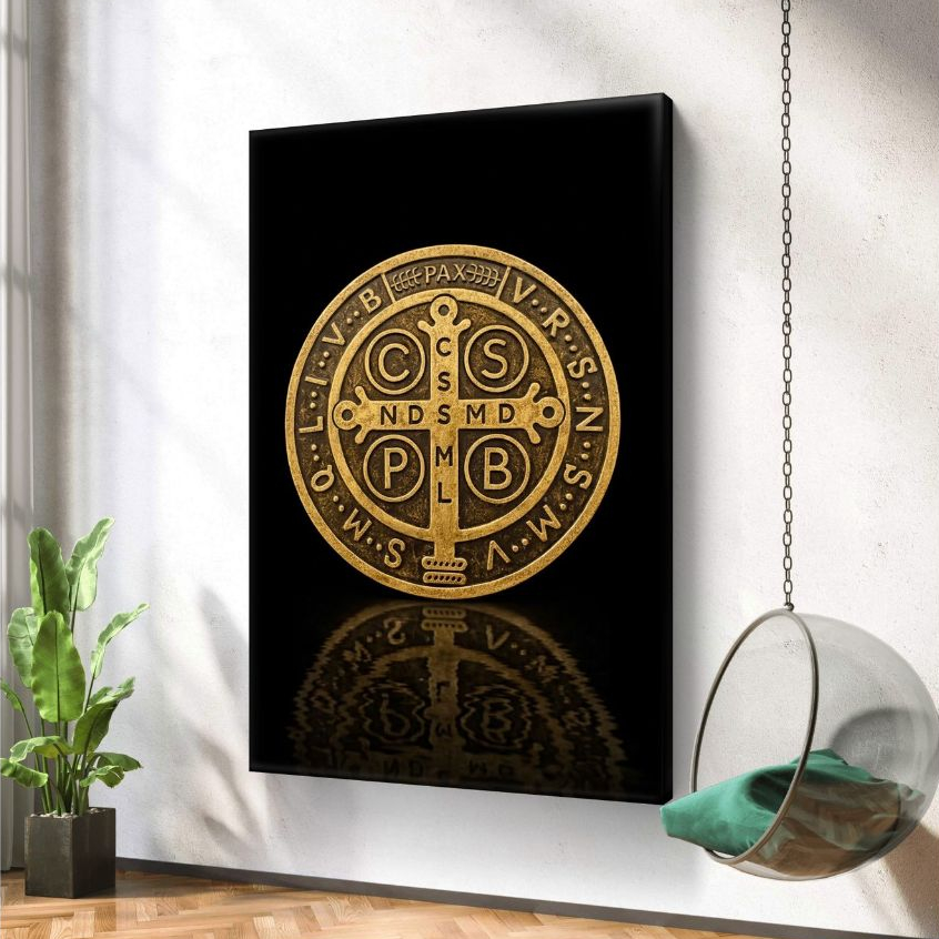 Imagem Quadro Medalha De São Bento Dourada Religioso MDF 110x70 Decoração Católica Proteção Espiritual