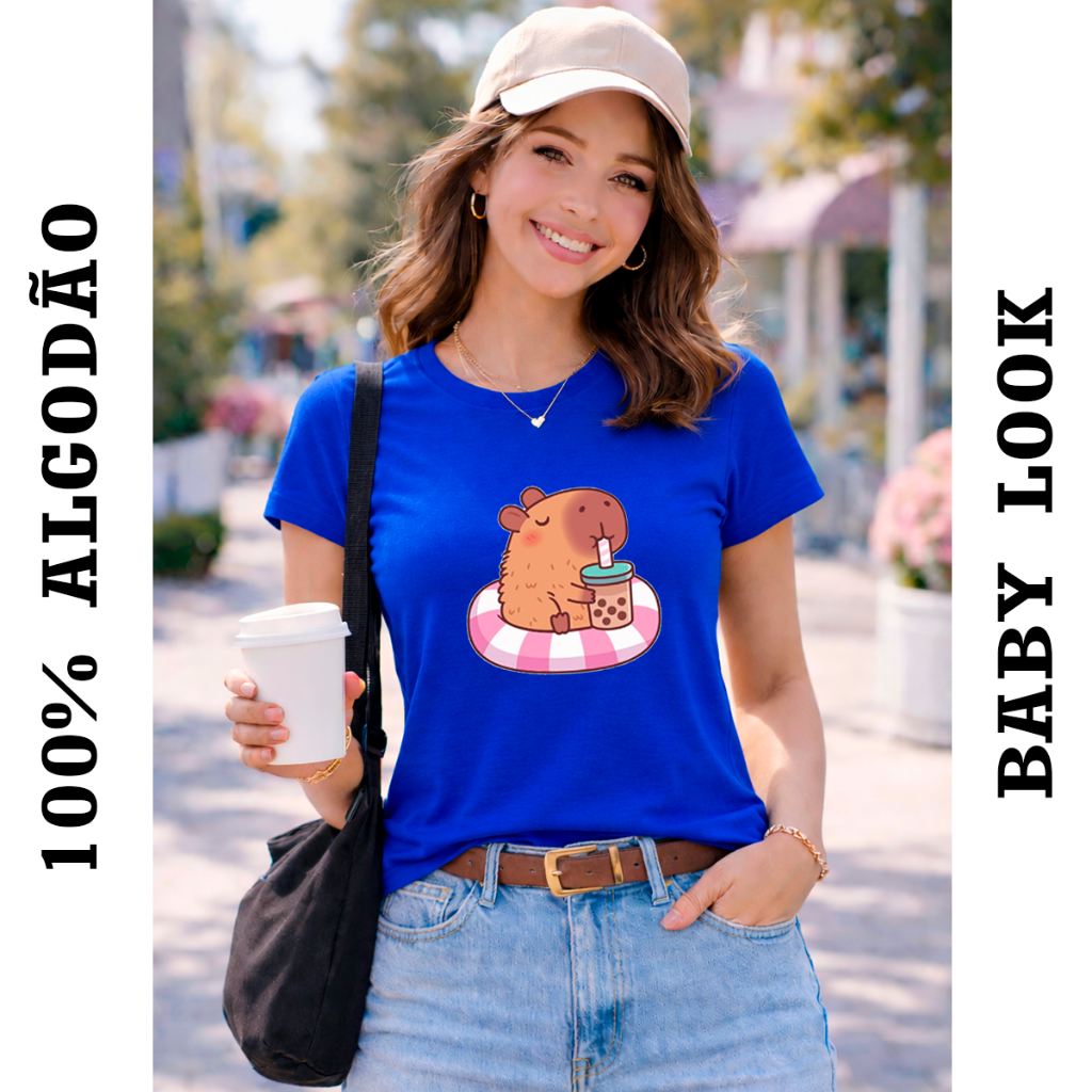 Camiseta Baby Look Capivara Copinho Boia Camisa Algodão Feminina Confortável