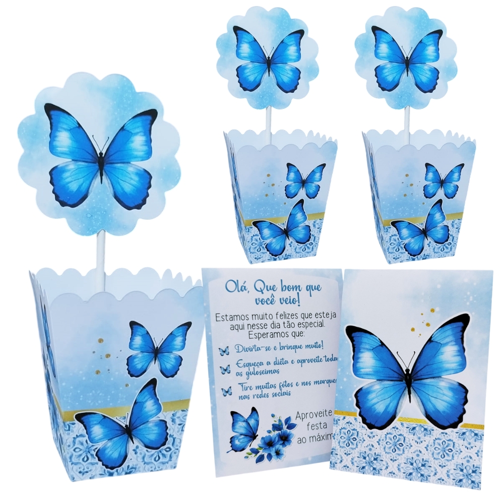 10 centro de mesa + 10 plaquinha - tema borboleta azul jardim encantado - lembrancinhas temáticas para aniversário
