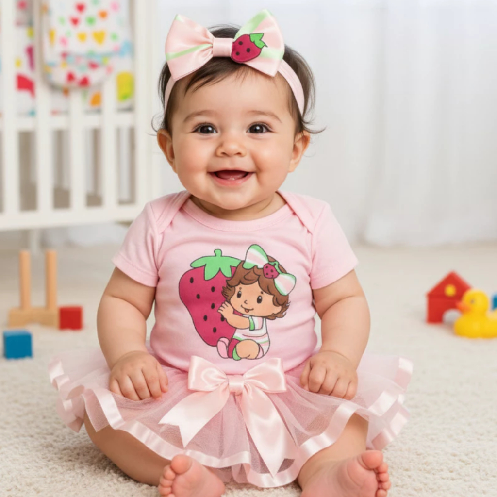 Body bebe Fantasia Mesversario Menina da Moranguinho Boneca - Suedine 100% Algodão em Oferta na Shopee