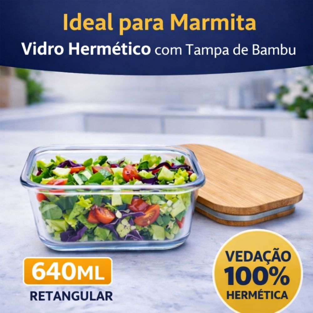 Pote Hermético 640ml Vidro Tampa Bambu Vedação Silicone Freezer Micro-ondas Premium