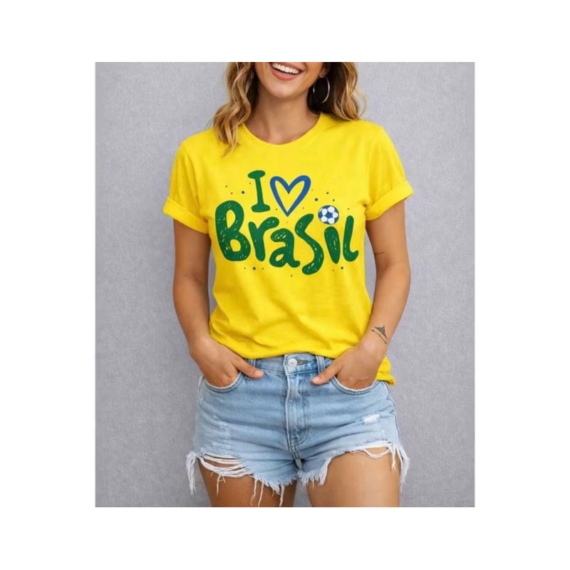 Camiseta Feminina T-Shirt Gola Redonda Brasil Algodão em Oferta na Shopee