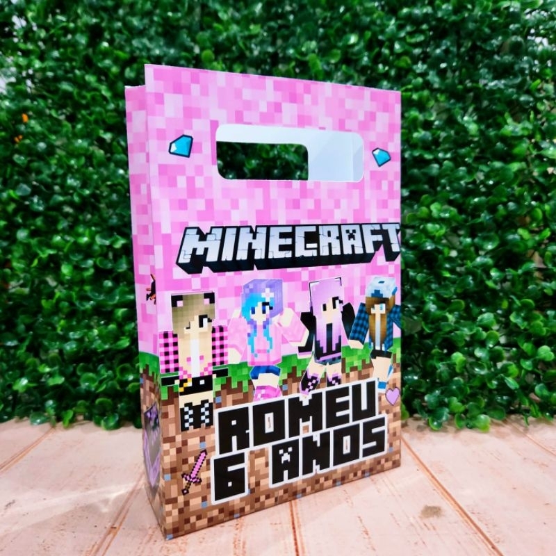 Sacolinha M Personalizada Minecraft Rosa TNT Gamer Lembrancinha Infantil Festa de Aniversário
