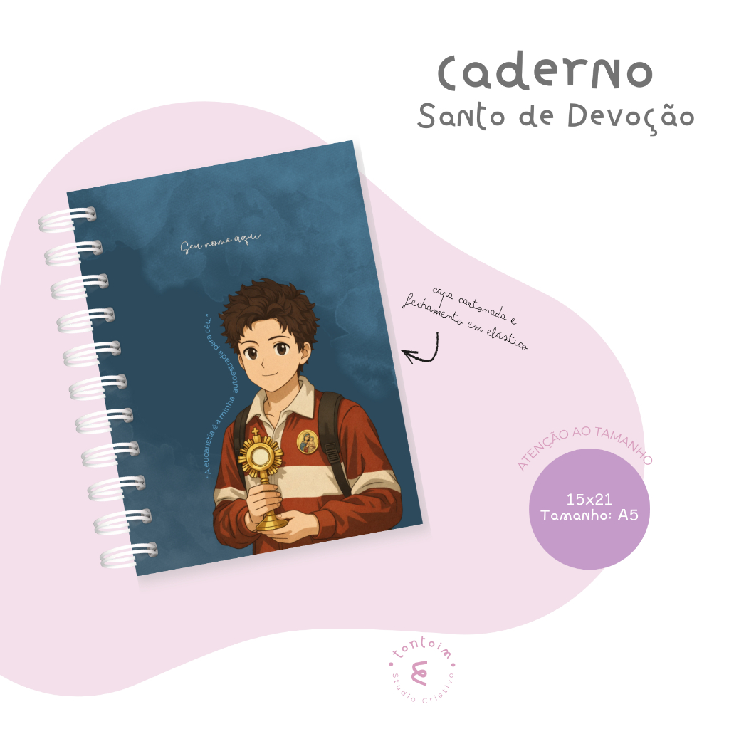 Caderno Católico com Versículos Personalizado | Estilo Anime | Tamanho A5 | Nome + Santo de devoção