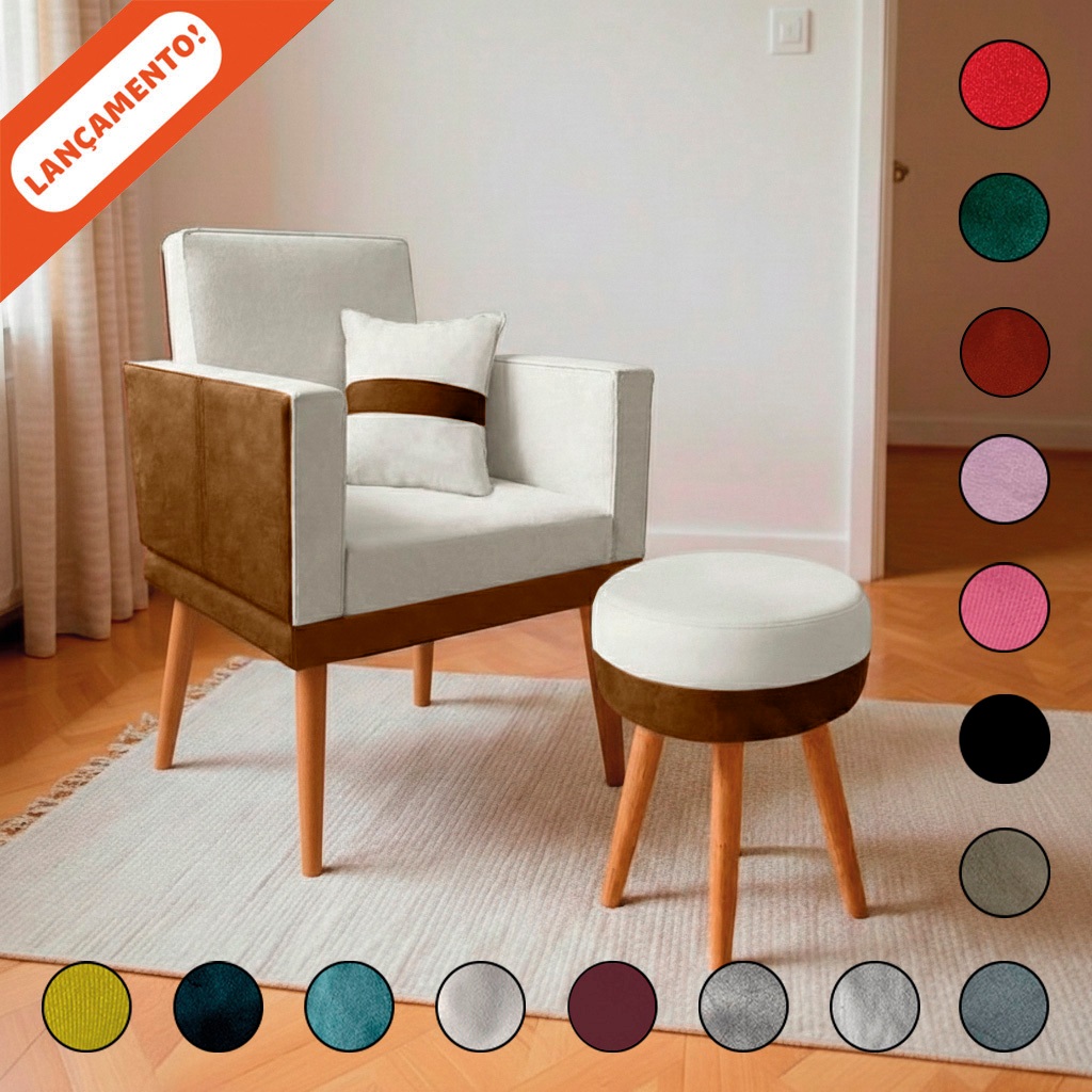 Poltrona para Sala Decorativa Lis com Almofada e Puff Redondo Corino Peroba e Suede Aninha Poltronas em Oferta na Shopee