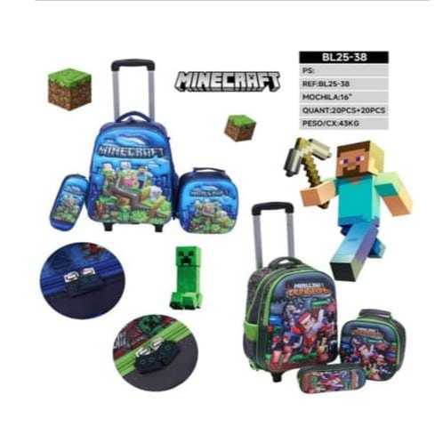 Mochila Escolar Infantil Minecraft com Rodinhas + Lancheira + Estojo