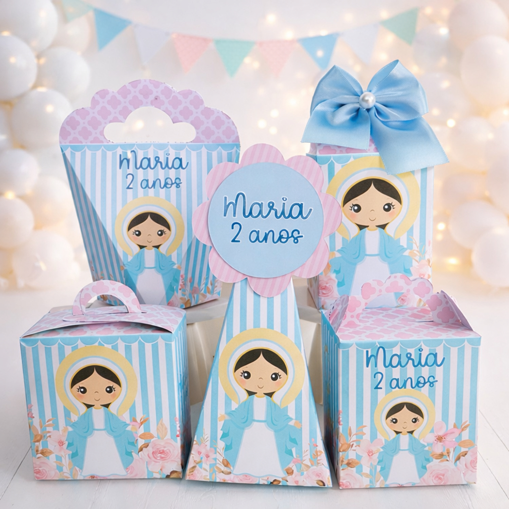 Kit 50 Nossa Senhora Maria das Graças Caixinhas Lembrancinha Personalizado Caixa Festa Aniversário Pegue e Monte