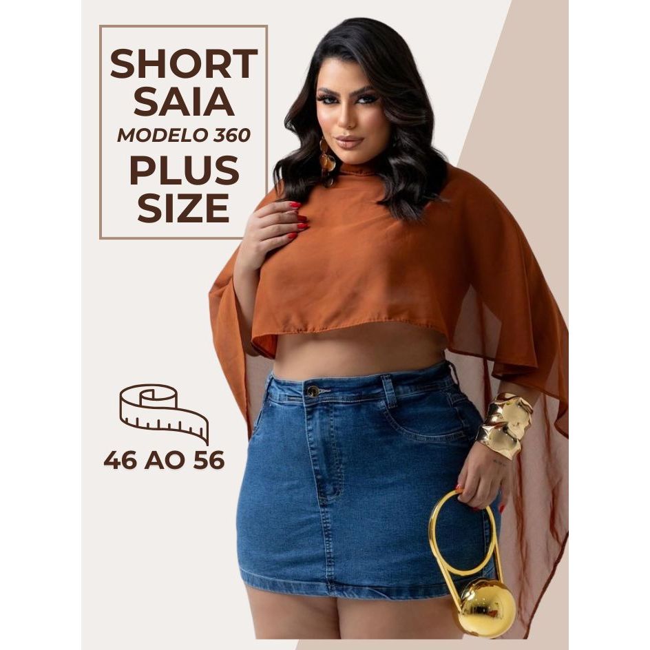 Short Saia Jeans Feminino 360° Rodado Cintura Alta Saia Jeans com Short Interno Moda Casual e Bolsos