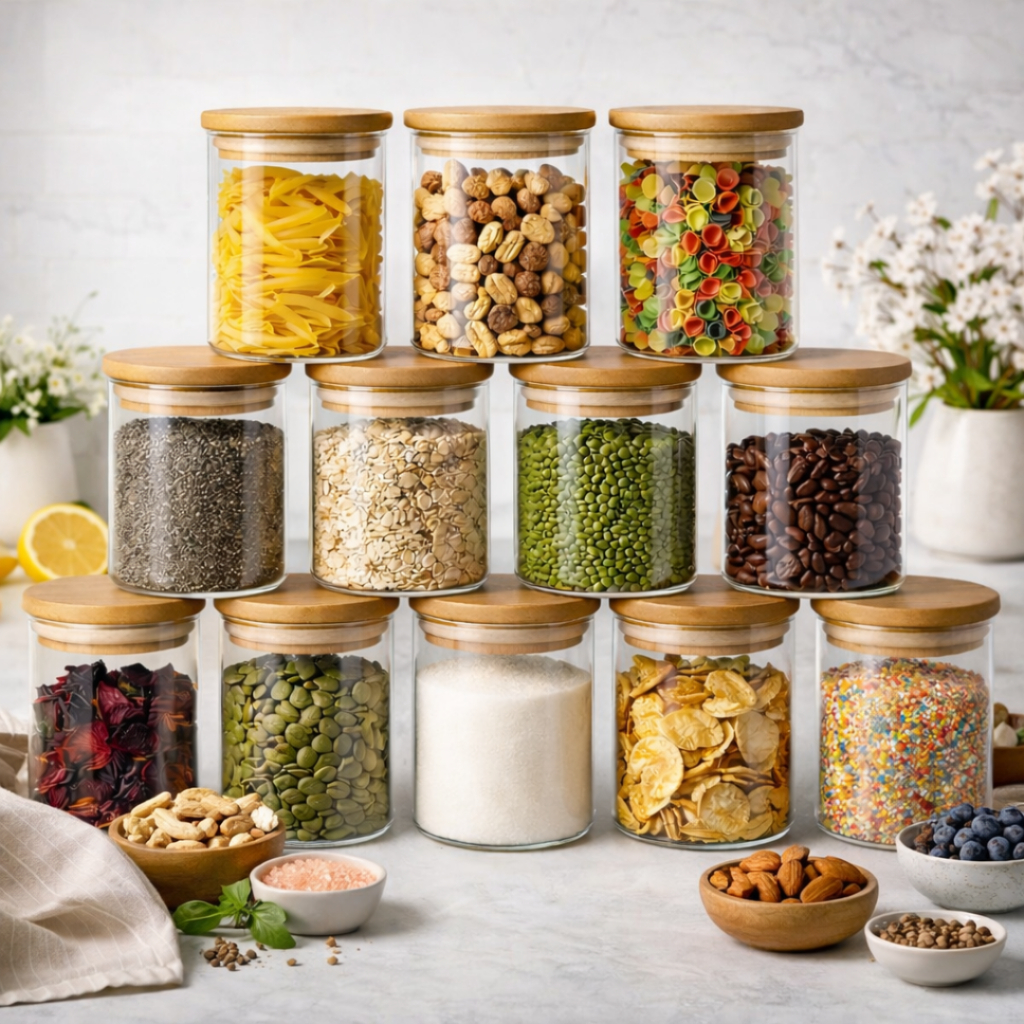 Kit Potes de Vidro 250ML Com Tampa De Bambu Hermético Para Tempero Cozinha Organizada