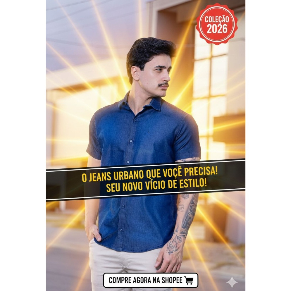 Camisa Jeans Azul Masculina Manga Curta Social Botões Slim Fit Luxo Social Casual