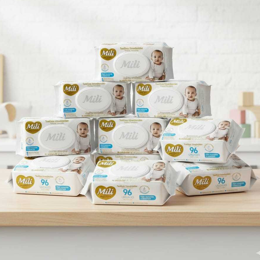 Kit C/288, 480 ou 1.152 Lenços Toalhas Umedecidas Mili Love & Care Premium, Pacotes Com 96 Toalhas Cada