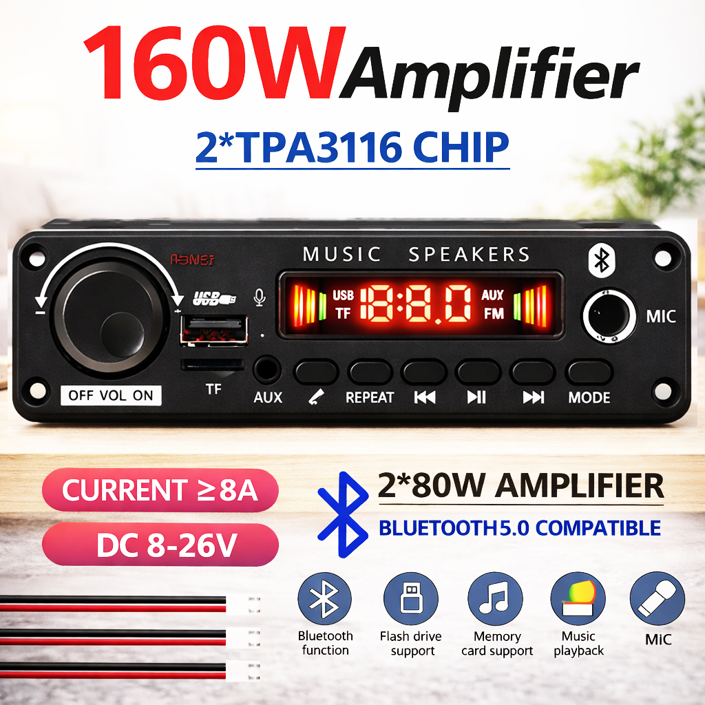 Placa amplificadora profissional 160W Bluetooth 5.3 MP3 alta potência 8V-26V ampla tensão reprodução