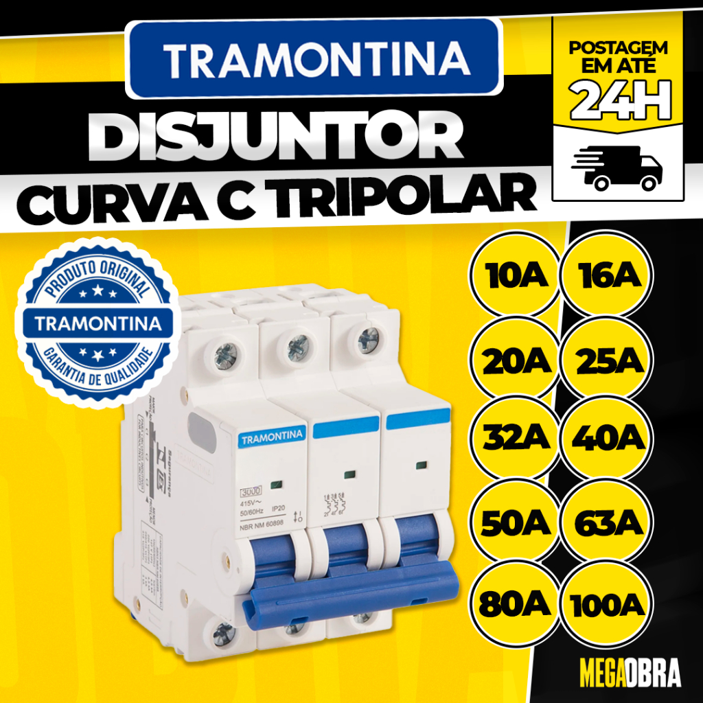 Disjuntor Tripolar Tramontina de 10A a 100A Din Curva C