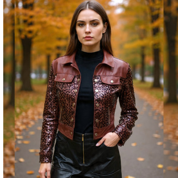 Jaqueta Curta Nubia Tecido Paete couro Ecologico fake tendencia inverno lancamento 2026